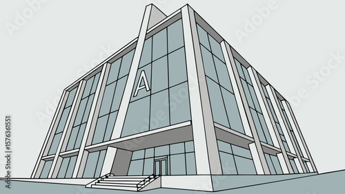 Modern office building architecture design with glass facade and letter a graphic illustration