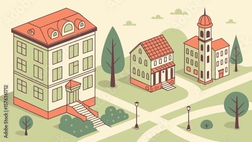 Isometric town illustration vector design with buildings trees and roads for city planning concept design