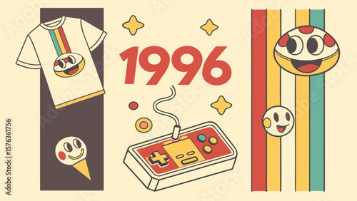 Retro gaming 1996 vintage design with controller, t shirt and cartoon face for nostalgic birthday party theme