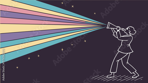 Business woman with megaphone making announcement with rainbow light and star background vector art