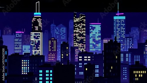 8 bit 2D Video Game Background. 8-bit Pixel Art Retro Platformer Game Scene. Night Cityscape: A Vibrant Metropolis at Night Video Game Animation