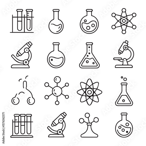 A set of science and laboratory icons featuring microscopes, flasks, molecules, and test tubes for research