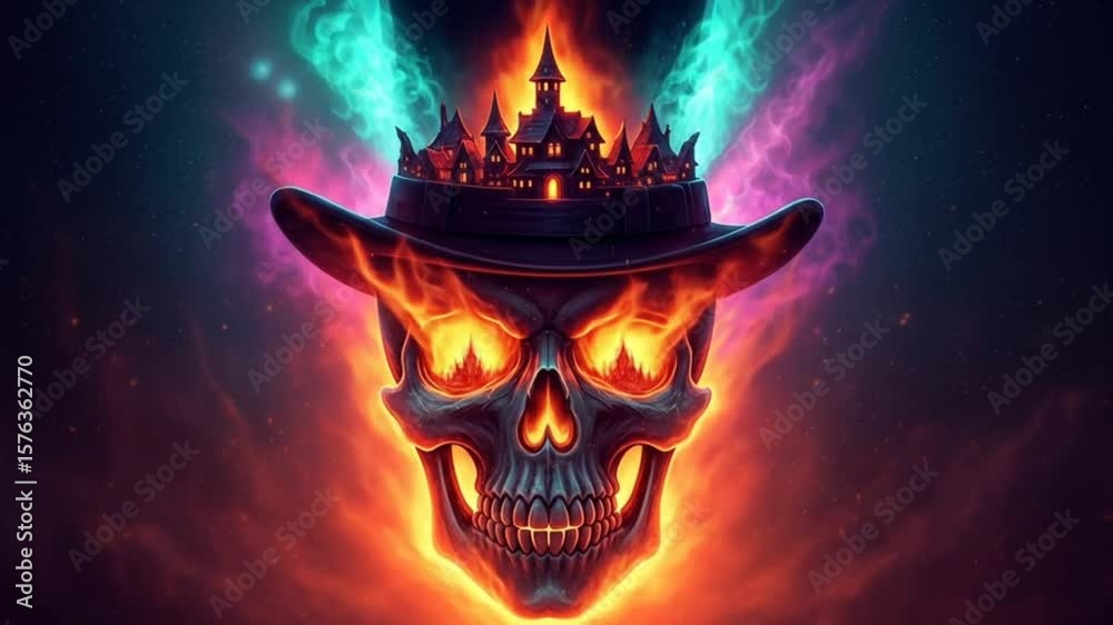 Fantasy castle emerging from flaming skull surrounded by fire and mystical smoke. Fantasy concept