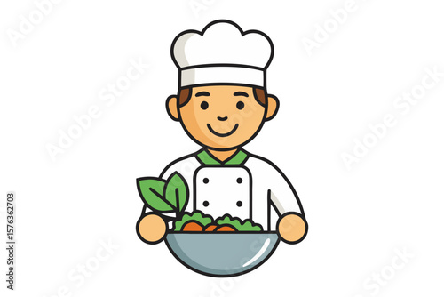 The Chef's Culinary Creation: An adorable illustration of a smiling chef holding a fresh salad bowl, representing a wholesome cooking and healthy eating.
