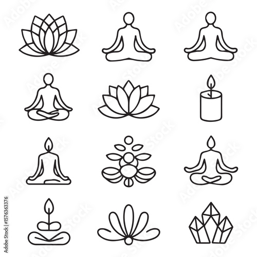 A serene collection of yoga and meditation icons, featuring figures in lotus pose, blooming lotus flowers, a lit candle, and healing crystals