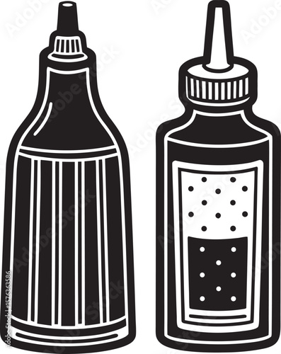 Two stylized squeeze bottles with ribbed caps and liquid inside silhouette isolated on a white background