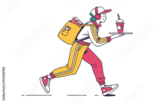 Speedy Delivery: An animated food delivery person zips across a background, balancing a refreshing beverage tray, highlighting the fast-paced nature of modern food delivery services. 