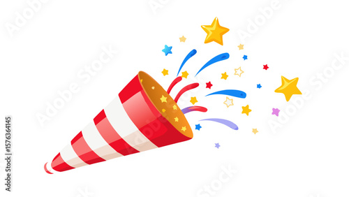 Firecracker or holiday birthday party popper striped cone with confetti and stars. Isolated cartoon vector vibrant shooters burst of joy, releasing festive ribbons to celebrate the special occasion