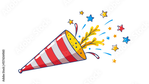 Firecracker or holiday birthday party popper striped cone with confetti and stars. Isolated cartoon vector vibrant shooters burst of joy, releasing festive ribbons to celebrate the special occasion
