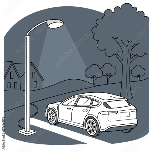 Illustration of a car parked on a road under a street light with houses and trees in the background
