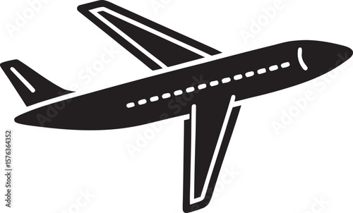 Black silhouette of a modern passenger jet airplane flying isolated on a white background silhouette