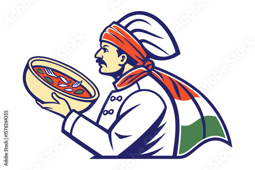 Chef Culinary Excellence: An illustration of a distinguished chef, dressed in traditional attire, presenting a delectable bowl of culinary creation, a testament to skill and flavor.