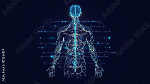 Illustration of the human body with a focus on the nervous system showcasing neural connections and brain.