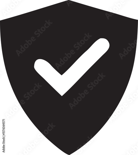 Black shield with white checkmark symbol silhouette isolated on white background