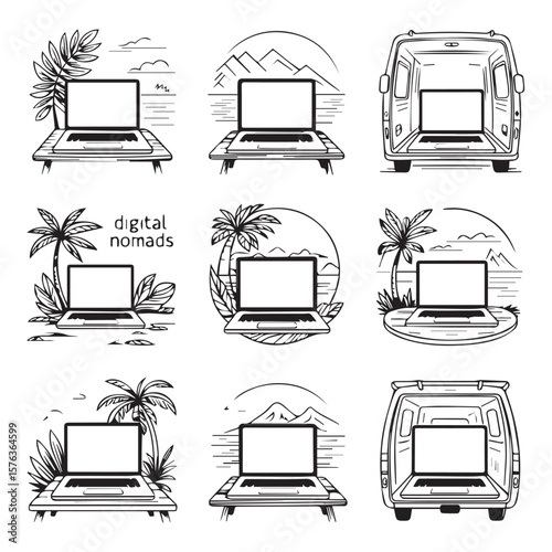 Digital nomads working on laptops in various scenic locations, including beaches with palm trees, mountains, and a campervan