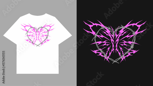 neo tribal butterfly shirts design. with sharp barbed heart vector motifs in pink and gray, blending romantic and edgy vibes. Perfect for Y2K fashion or streetwear statement tees.