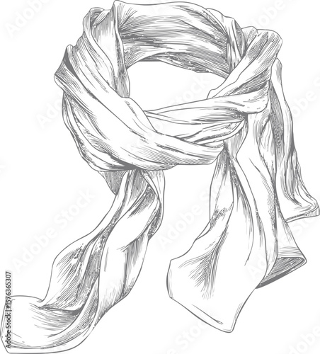 Hand-drawn sketch of a flowing scarf tied in a loop, artistic fashion. Vector illustration
