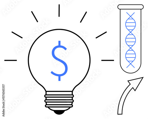 Light bulb with dollar sign symbolizing financial innovation, DNA helix in test tube representing biotech progress, uplift arrow for growth. Ideal for biotech, finance, startups, innovation