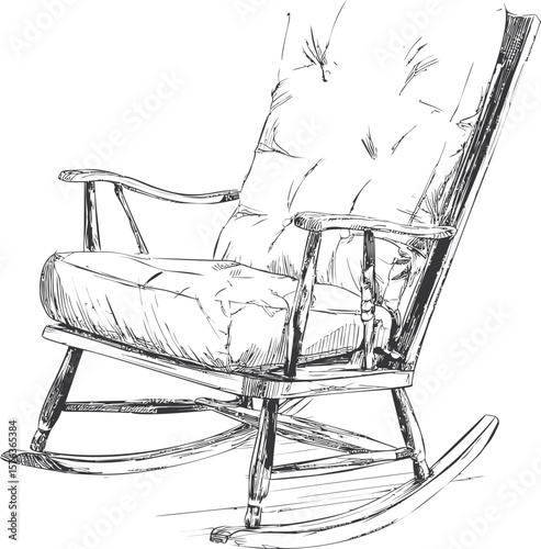 Sketch of a vintage wooden rocking chair with cushioned seat and armrests. Vector illustration