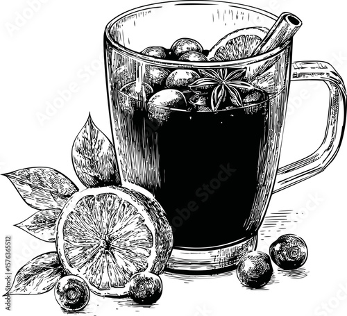 Black and white sketch of a mulled wine glass with spices and fruits. Vector illustration