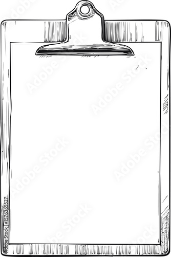 Wooden clipboard with blank paper sheet in hand-drawn sketch style. Vector illustration