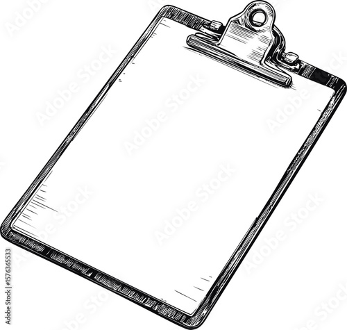 Black and white sketch of a clipboard with blank paper, stationery concept. Vector illustration