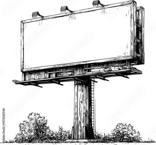 Black and white empty billboard with surrounding bushes and lights. Vector illustration