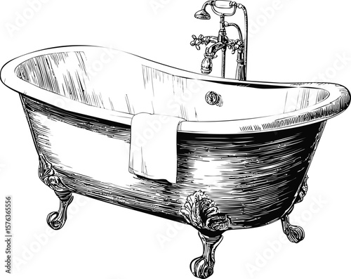Vintage clawfoot bathtub with towel draped over, black and white sketch. Vector illustration