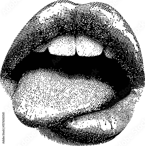 Halftone style dot art of lips with tongue sticking out, black and white. Vector illustration