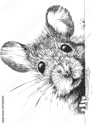 Mouse peeking from behind a wall in black and white sketch drawing. Vector illustration