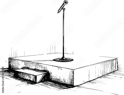 Microphone on empty stage with steps in black and white sketch. Vector illustration