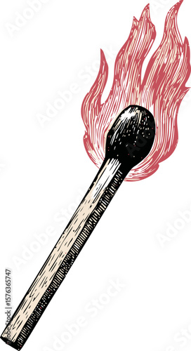 Illustration of a burning matchstick with orange flame. Vector illustration in sketch style