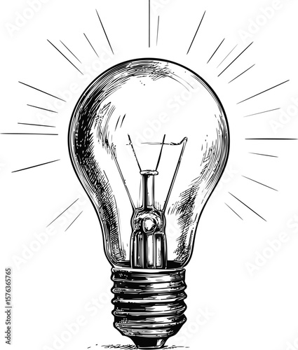 Hand-drawn sketch illustration of a glowing light bulb with radiant lines. Vector illustration