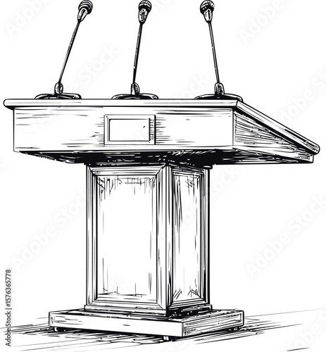 Wooden podium with three microphones and intricate sketch details. Vector illustration