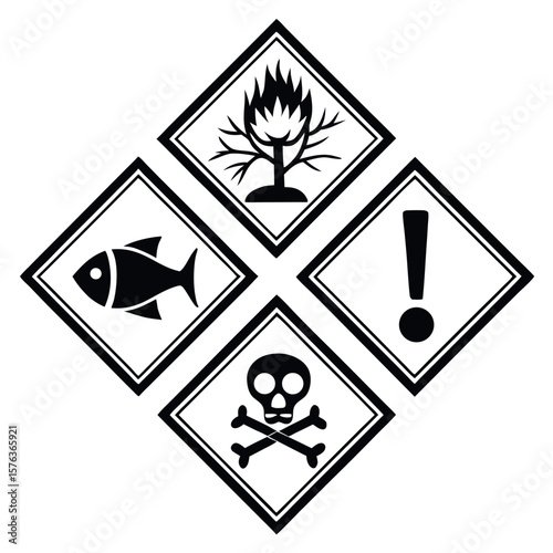 Collection of hazard symbols including fire fish skull and crossbones and exclamation mark