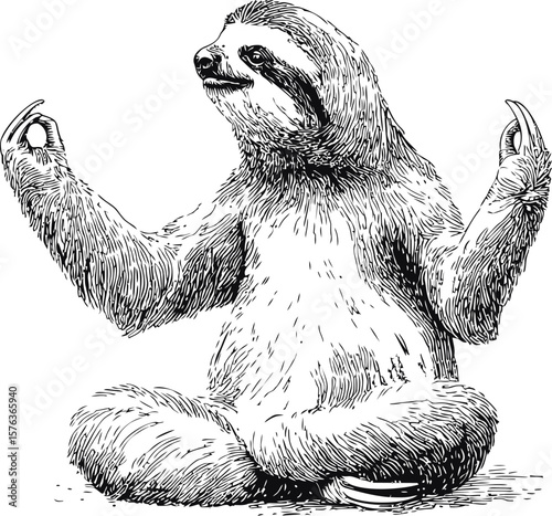 Illustration of a meditative sloth in black and white line art style. Vector illustration