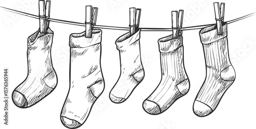 Five sketch style socks hanging on a clothesline with clothespins. Vector illustration