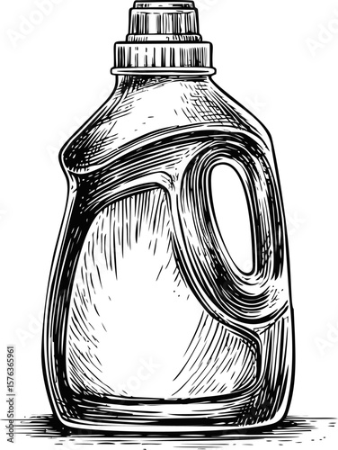 Ink drawing of a large detergent bottle in black and white sketch style. Vector illustration