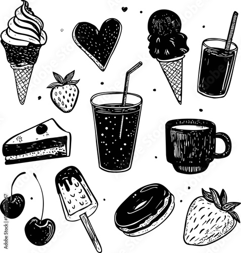 Hand drawn black and white desserts and drinks with strawberries and cherries. Vector illustration