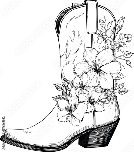 Cowboy boot with hibiscus flowers in black and white line art. Vector illustration