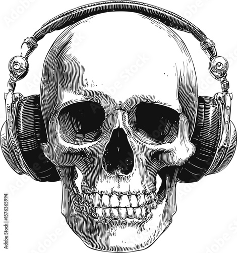 Illustration of a detailed skull wearing large headphones, black and white sketch art. Vector illustration