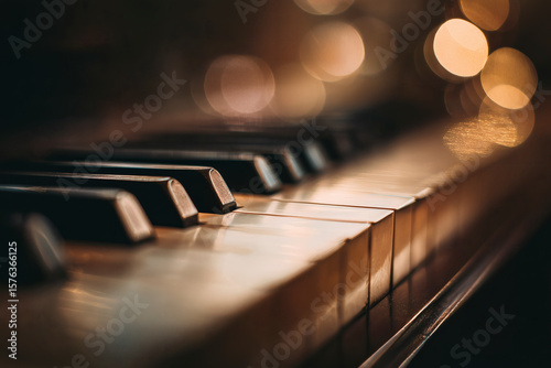 A close-up shot of piano keys, displaying light and shadows, suggesting music and elegance.