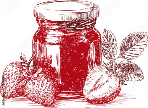 Red line drawing of strawberry jam jar with fresh strawberries and leaves. Vector illustration