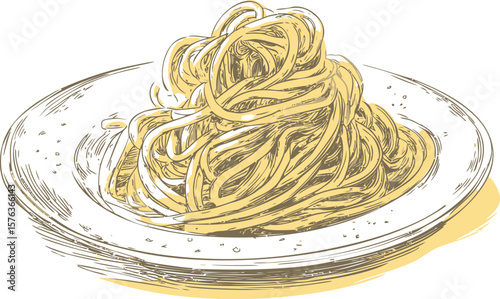 Sketch of spaghetti on a plate with detailed line art in yellow tones. Vector illustration