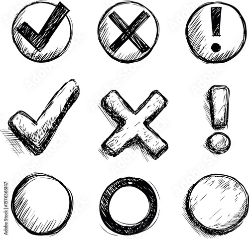 Hand-drawn check marks, crosses, exclamation and circles in black and white sketch. Vector illustration