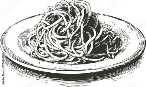 Black and white sketch of spaghetti on a plate showing artistic detail. Vector illustration