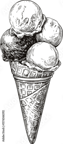Sketch of an ice cream cone with three scoops in black and white. Vector illustration
