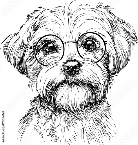Detailed black ink drawing of a cute dog wearing round glasses, hand-drawn line art. Vector illustration