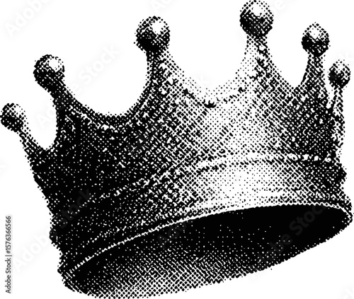 Monochrome dotted illustration of a regal crown in black and white design. Vector illustration