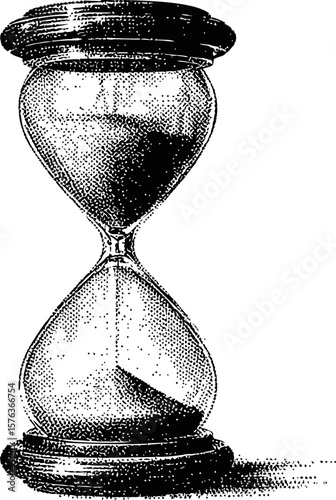 Vintage black and white hourglass illustration with dotted details, retro concept. Vector illustration